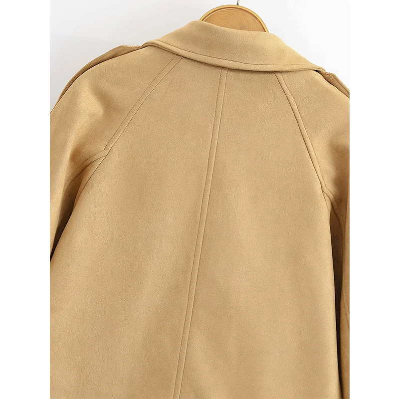 سترة نسائية كاكي مزدوجة الصدر بأكمام طويلة وياقة على شكل طية صدر السترة للخريف والشتاء معطف قصير أنيق ملابس نسائية أنيقة