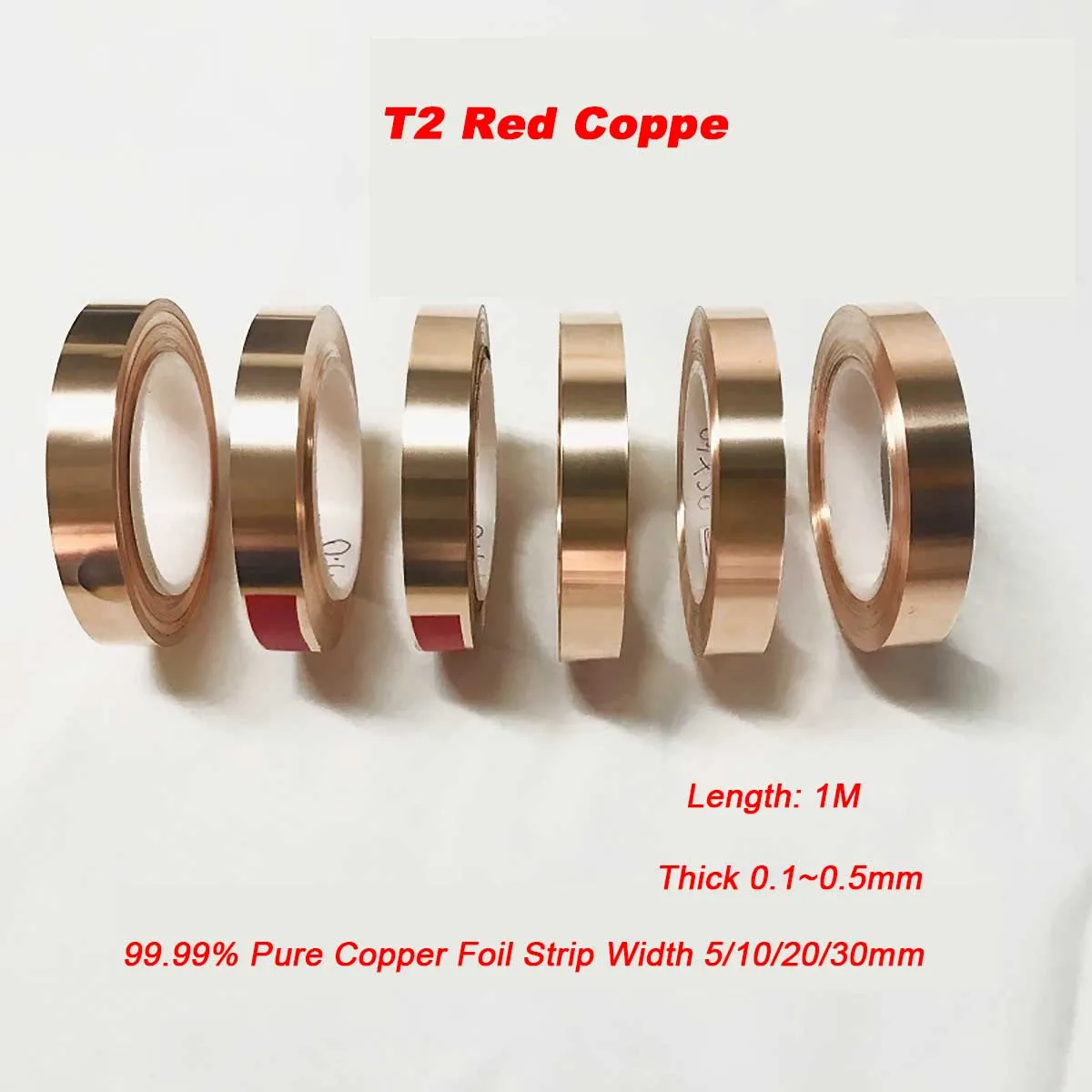 

1M 99.99% Pure Copper Foil Strip Width 5/10/20/30mm / T2 Red Copper Narrow Strip Foil Roll Thick 0.1~0.5mm