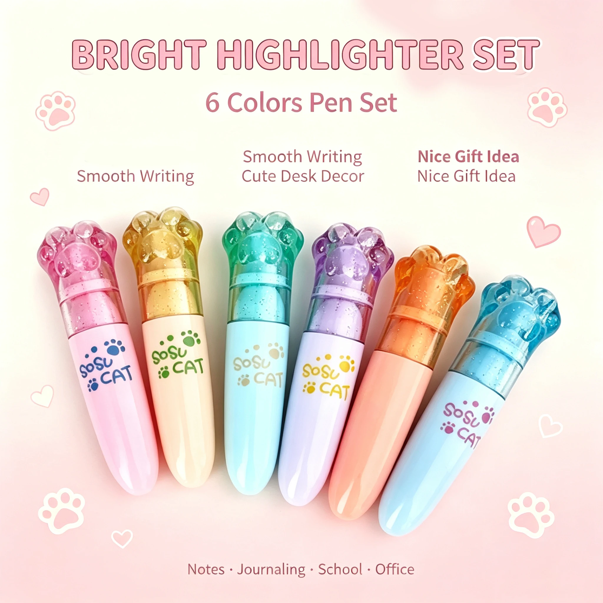6Pcs Kawaii Mini Highlighter Pen Set, Chisel‑Tip Quick‑Dry Fluorescent Markers, for Drawing Student Office Stationery Supplies