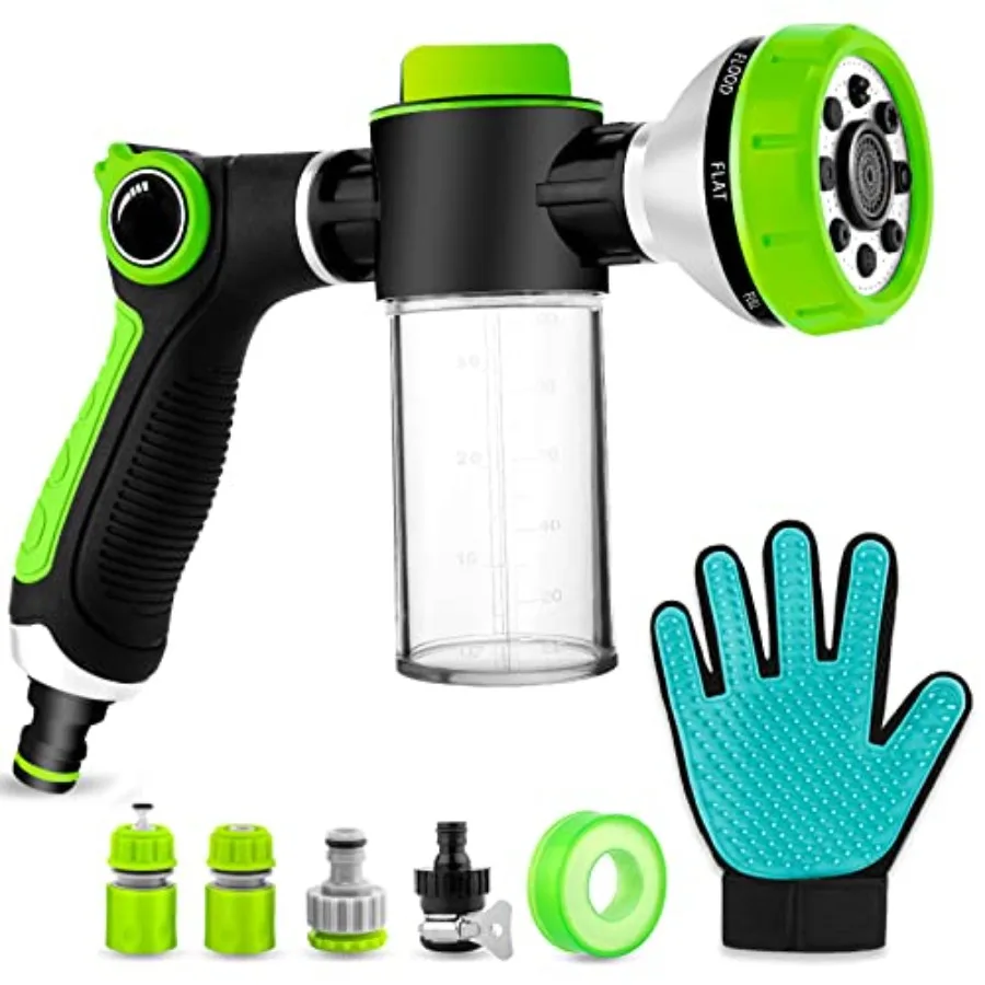 

Upgraded Dog Wash Hose Attachment, 8-in-1 Sprayer Mode Garden Hose Nozzle with Pet Grooming Glove and 100cc Soap Dispenser Bott