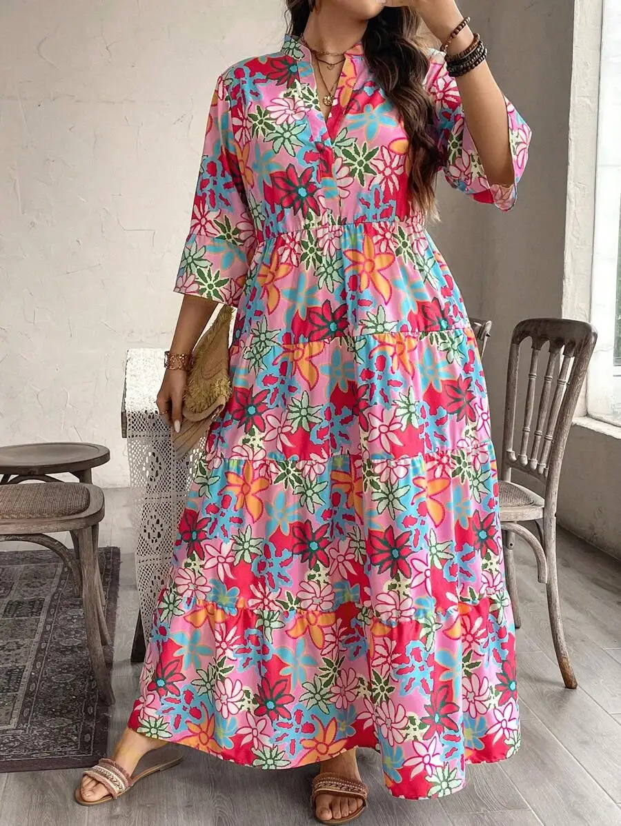 

Floral Print Plus Size Flowy Maxi Dress With Tiered Skirt For Women Summer Casual Outfit