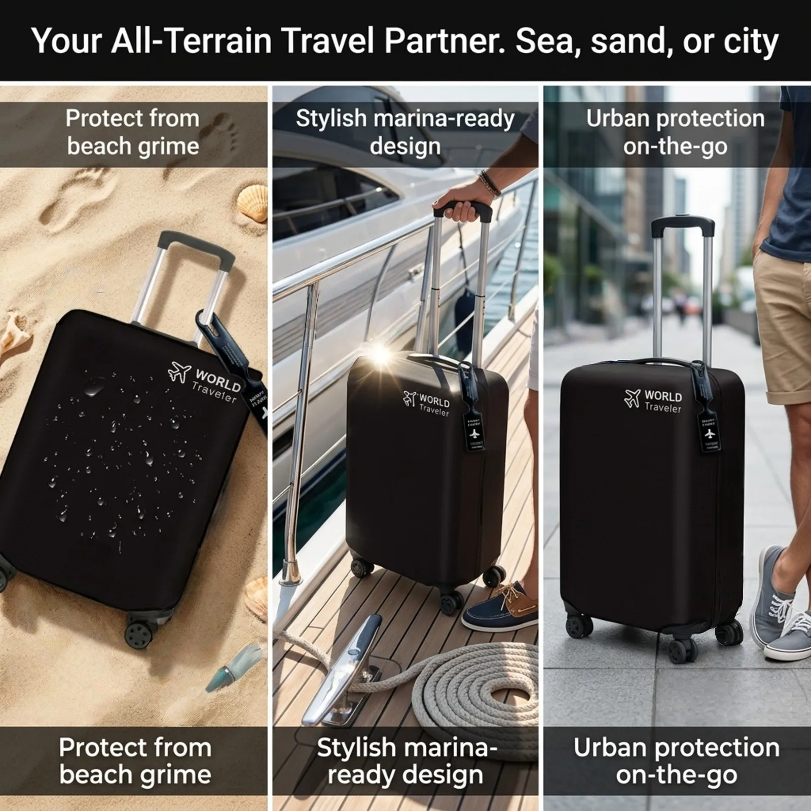 2-Piece Luggage Cover Set and Luggage Tag Set |   20-30inch Universal Elastic Dust Cover + Personalized Identification Tag |   Quickly Identify to Prevent Mistaking for Another. |   Essential for Business Trips and Travel