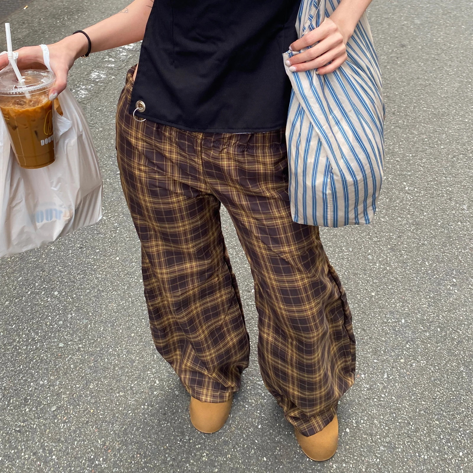 

Women's Plaid Elastic Waist Pants Loose Fit Casual Trousers High Waist Comfortable Streetwear Daily Wear Trendy Wide Leg Pants