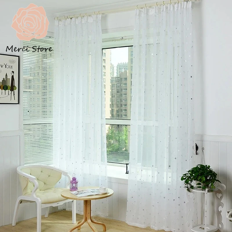 

Shining Stars Cartoon Curtains for Baby Room Sheer Transparent Fabric Kitchen Small Window Drapes Nursery Decor Cortinas