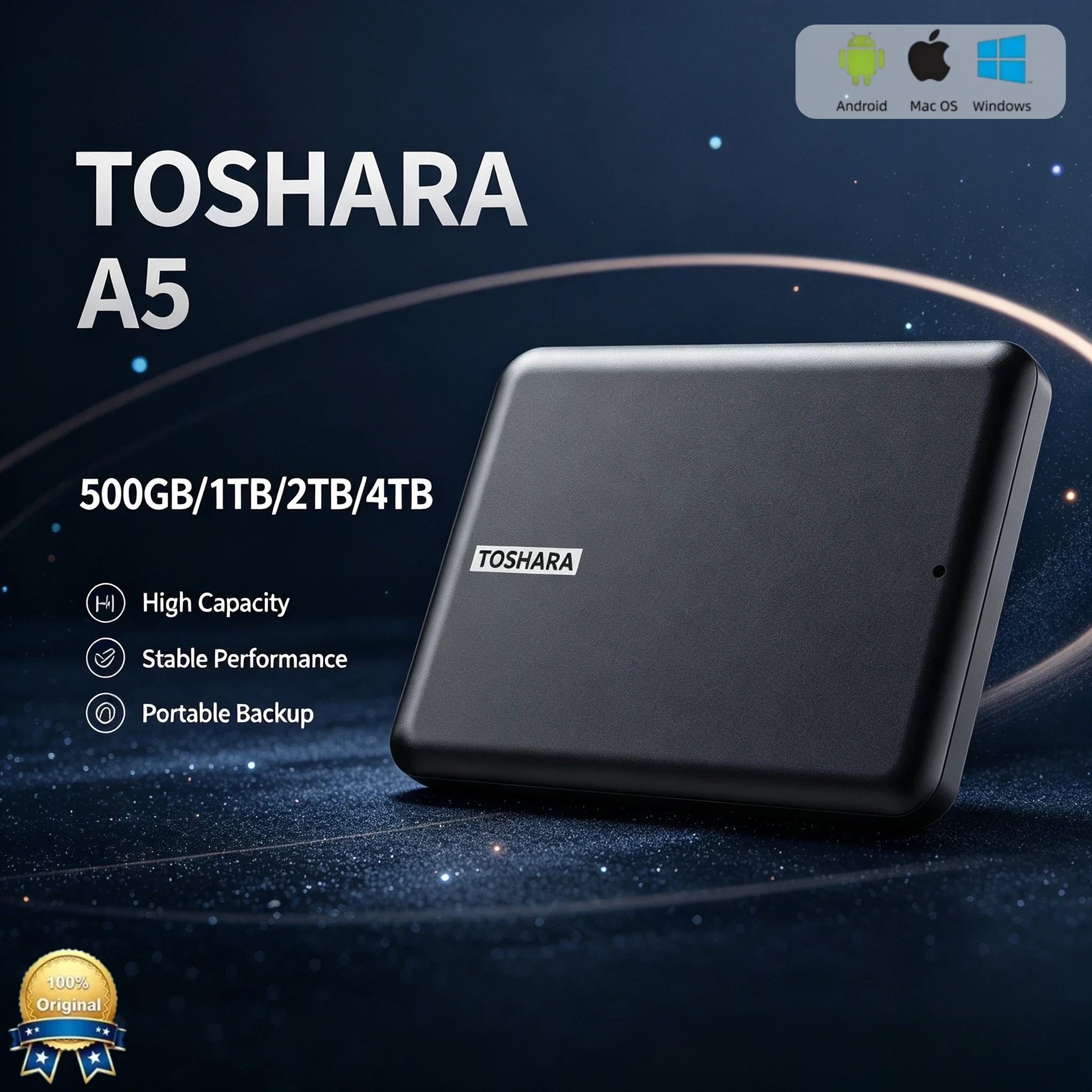 toshara-a5-ポータブルssd。デスクトップpc、ノートpc、macに対応。4tb、2tb、1tb、500gbの容量。暗号化バックアップ機能付き。オリジナルブーストゲーミングストレージ。