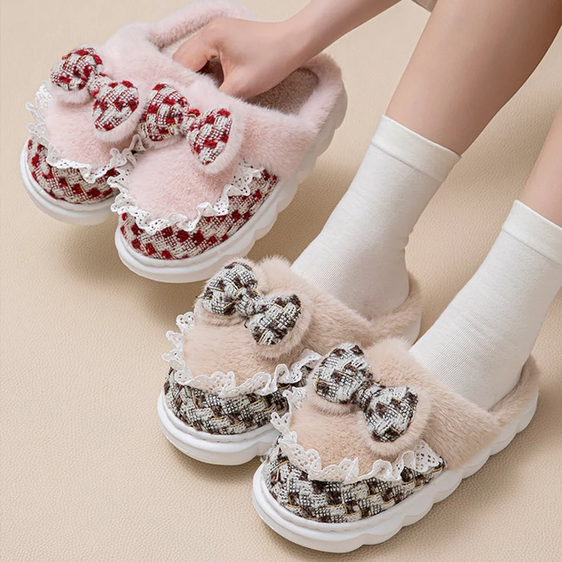 

Зимняя женская домашняя хлопковая обувь, теплые домашние тапочки из кораллового флиса на толстой подошве, кружевные твидовые плюшевые тапочки в клетку для девочек