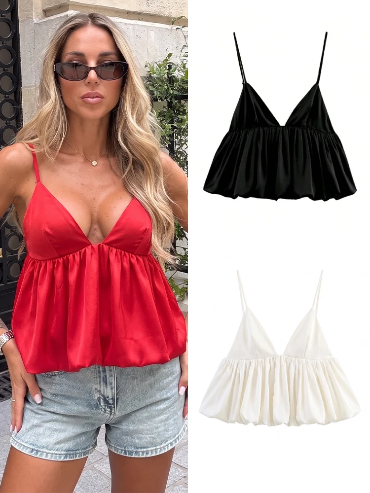 HH Sexy Silky Satin Cropped Camisole Women V Neck Thin Strap Sleeveless Solid Tank Tops Evening Party Holiday Elegant Outfits