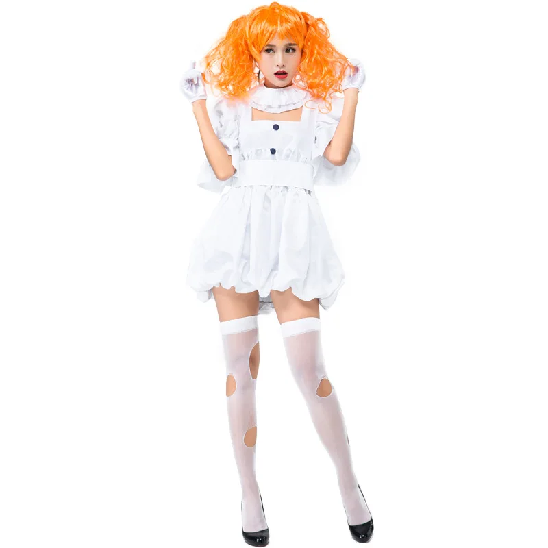 Volwassen Cosplay Halloween Clown Pop Kostuum Witte Bruid Prestaties Pak Dames Etnische Toneelkostuum Lente
