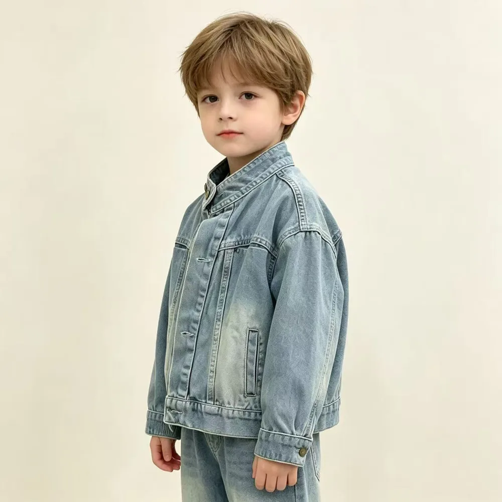 Kids Denim Jacket Spring Autumn New Boys Girls Stand Collar Korean Style Vintage Washed Coat Baby Toddler Children Clothing 2-9Y