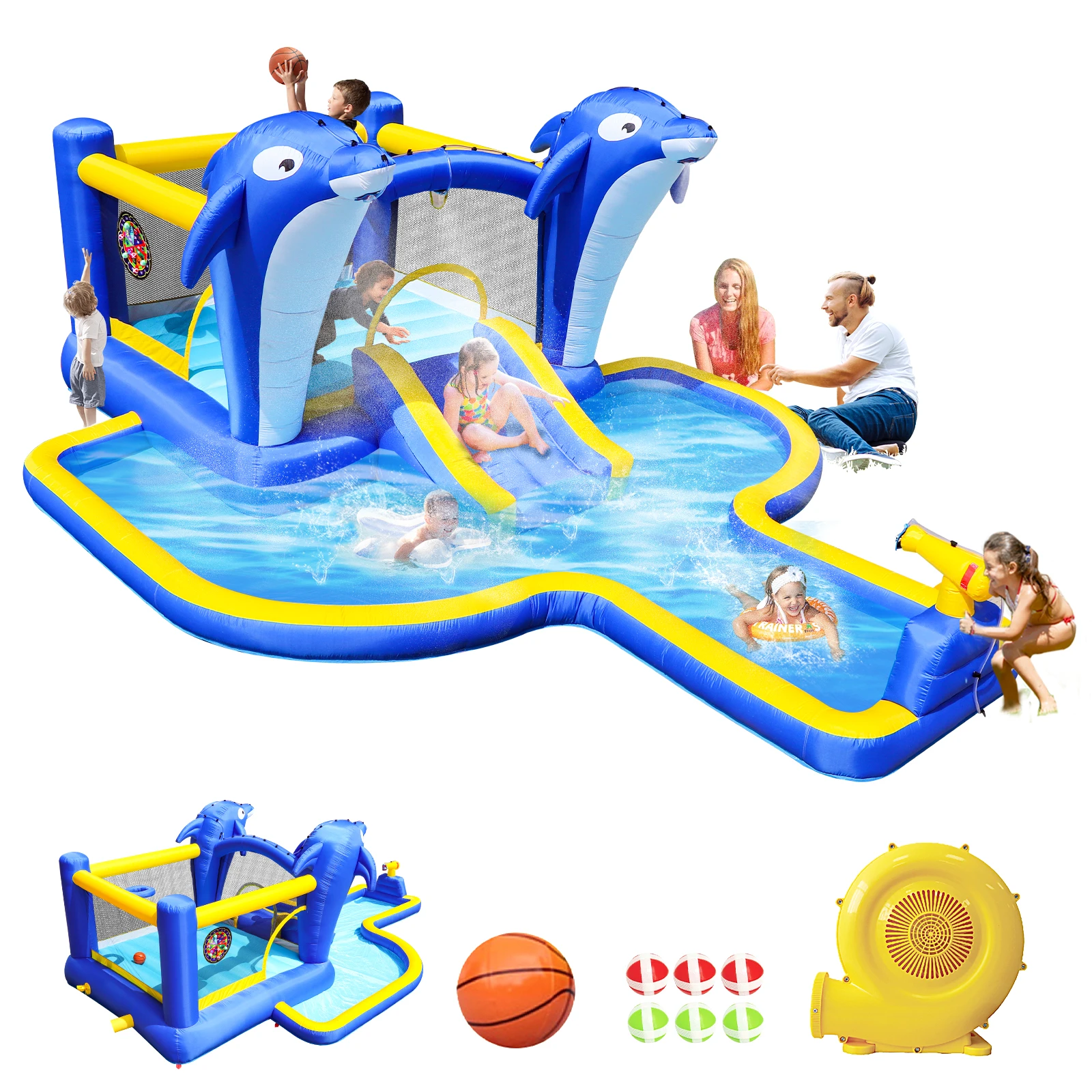 Dolphin 8-in-1 Inflatable Water Slide Park, Wet & Dry Bounce House with Splash Pool, Water Cannon, Basketball Hoop, Sprinkler, Safe Mesh Wall, Complete Set with Air Blower, Outdoor Backyard Blow Up Water Play Center for Kids Birthday Summer Party