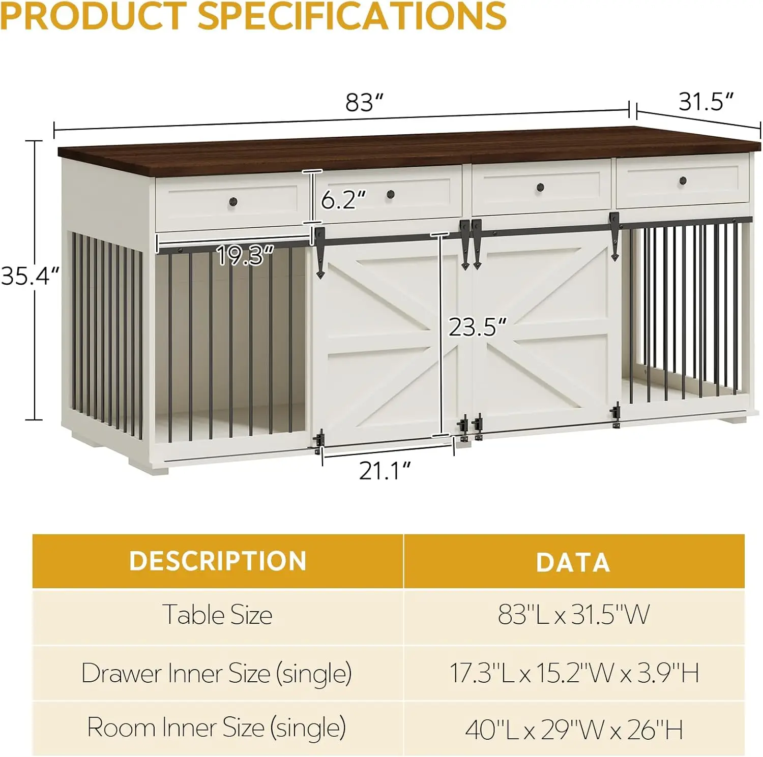 Dog Crate Furniture - Indoor Wooden Dog Kennel Furniture with 4 Drawers & 2 Sliding Barn Doors - for Small Medium