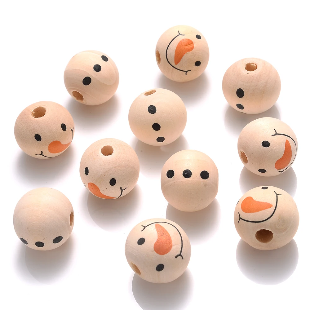 10/20 Stück 9mm Naturholzperlen mit Schneemann-Gesicht-Aufdruck, lose Abstandsperlen für Weihnachtsbaumgirlanden, Bastelarbeiten und DIY-Schmuckherstellung – Detail 1