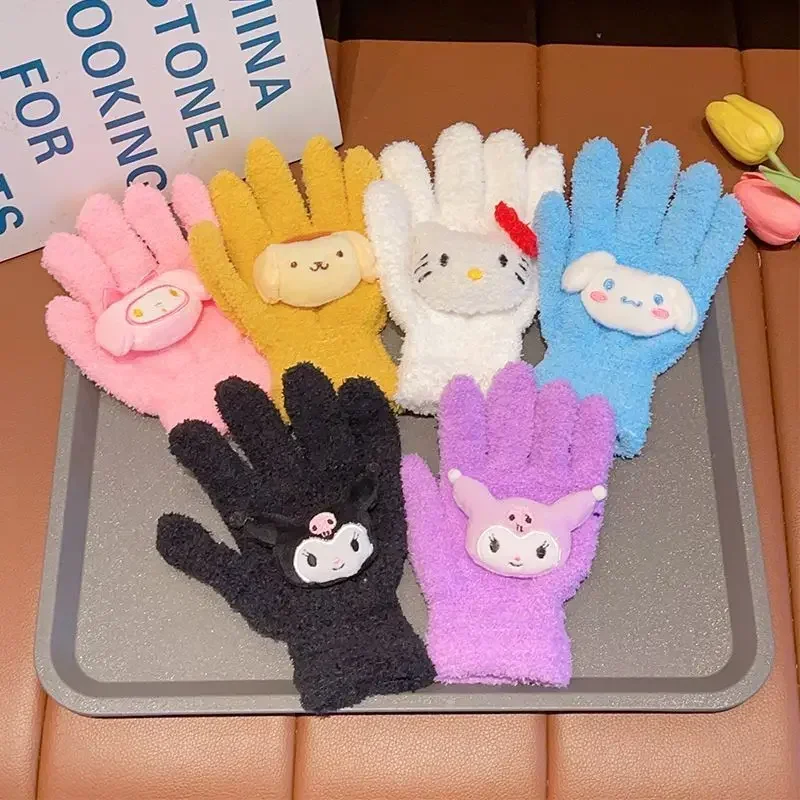 Sanrio Plush Knitted Gloves Cute Cartoon Gloves for Girls Winter Warmth Full Pack Antifreeze Riding Mittens Kids Christmas Gifts