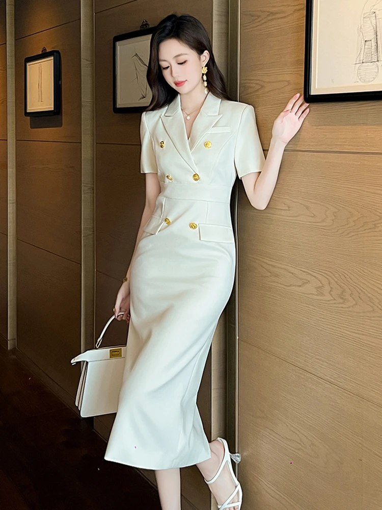 Fashion Elegant Business Dresses Women Clothes Sweet OL Professional Double Breasted Midi Robe Meeting Work Style Party Vestidos