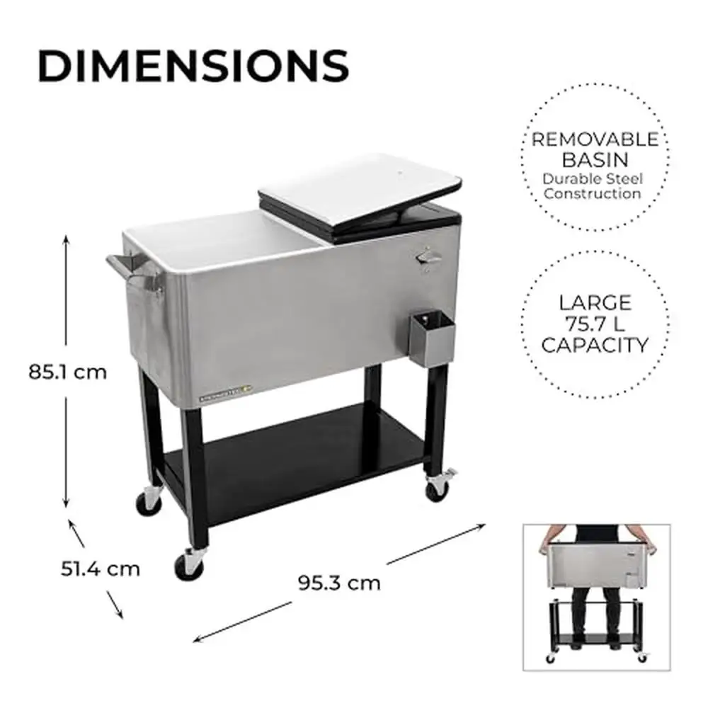 Carro enfriador de bebidas portátil para exteriores con almacenamiento de 80 cuartos y enfriador rodante de lavabo extraíble con con construcción de acero inoxidable