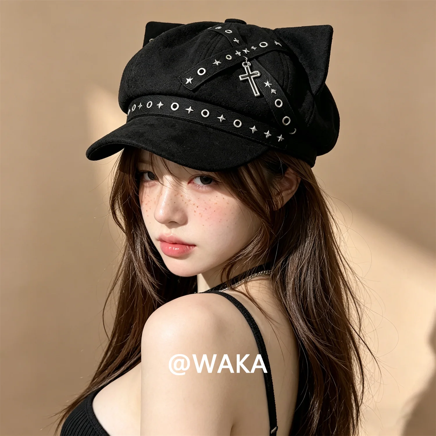 

WAKA Gothic Cat Ear Beret Hat for Men Women Cross Star Studded Y2K Streetwear Octagonal Newsboy Cap