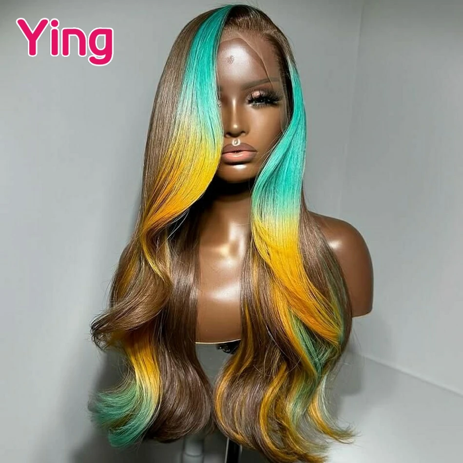 Ying 200% Omber Yellow Blue Colored Body Wave 13x6 Lace Frontal Wig Human Hair 12A Peruvian PrePlucked 5x5 Transparent Lace Wig