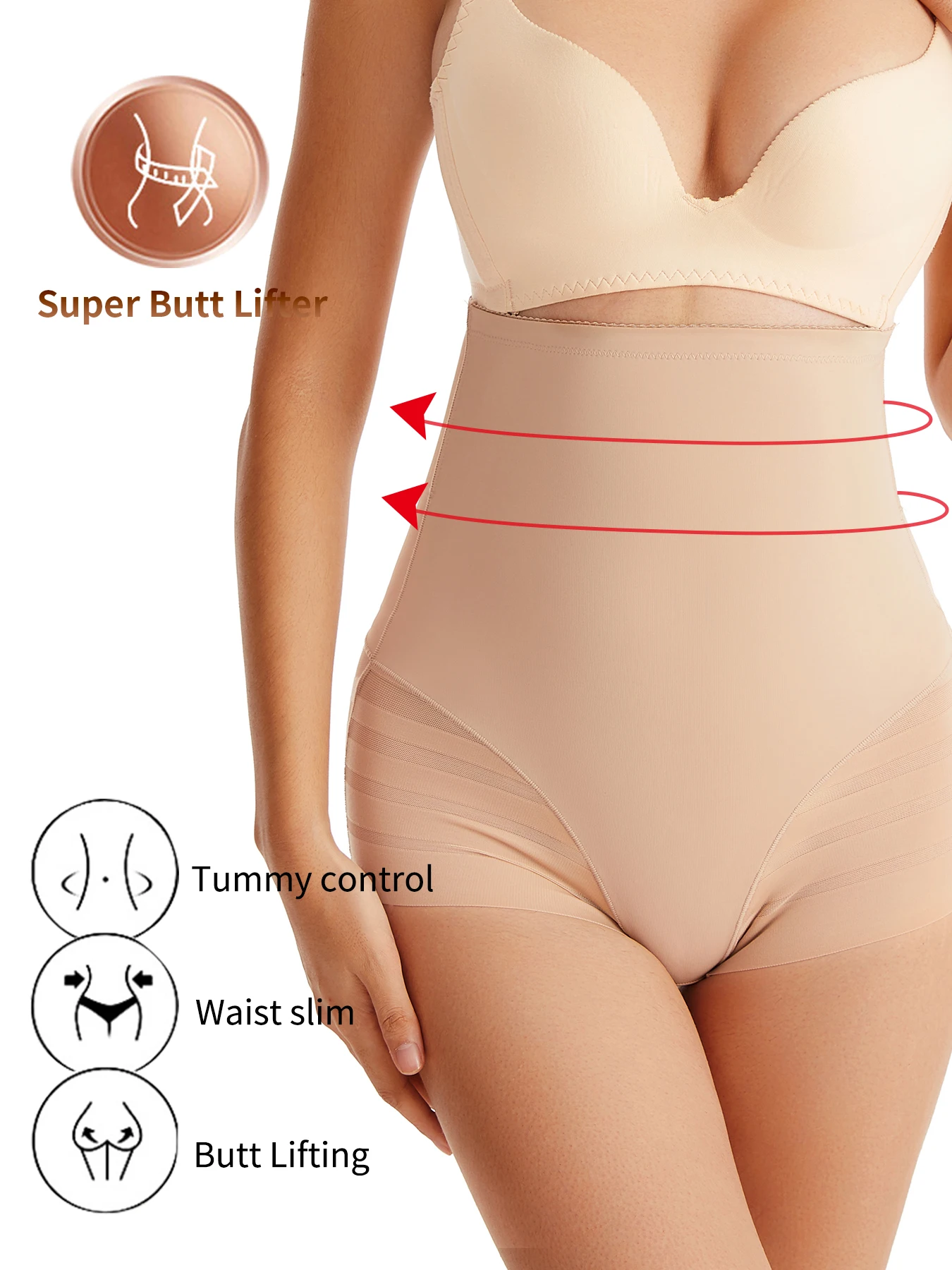 ملابس داخلية نسائية مخططة لتشكيل الجسم بدون خياطة، خصر عالي، مريحة ومسامية، نمط حمار وحشي مضغوط