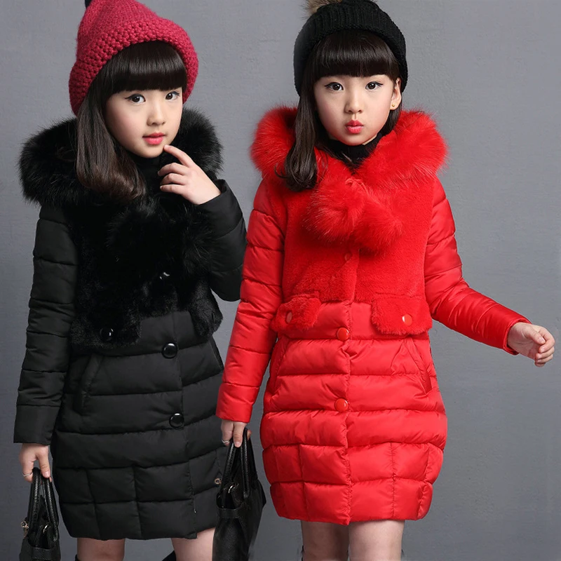 3-12T Girls\' Coat Big Fur Collar Hooded Jacket Winter Thick Warm Cotton Coat Mid-length Down Jacket Girls Quilted Jacket