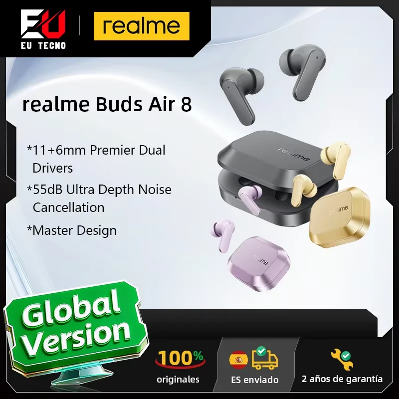 Version mondiale Écouteurs realme Buds Air 8 Réduction du bruit ultra profonde de 55 dB Double haut-parleur haut de gamme 11 + 6 mm Conception Master IP55