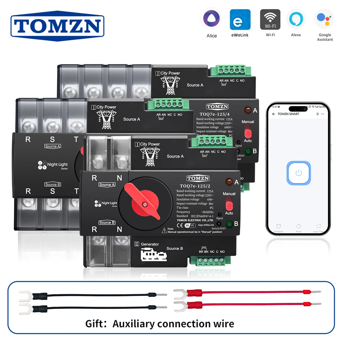 TOMZN WIFI Smart ATS 2P 3P 4P 230V AC مفتاح نقل تلقائي مزدوج الطاقة جهاز تحكم عن بعد دون انقطاع 63A 100A 125A eWelink