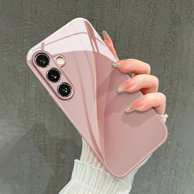 Minimalist pink textured glass phone case suitable for Samsung Galaxy S26 S25 S24 S23 S22 S20 FE/Ultra/Plus anti drop back cover