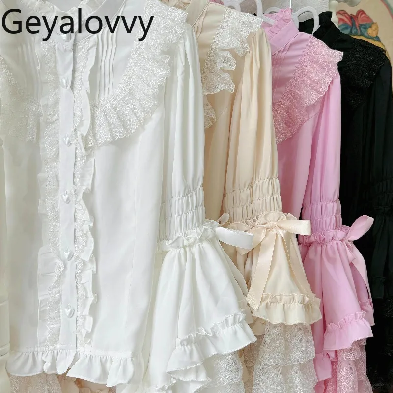 

Новинка Весна 2026: Оригинальная шифоновая винтажная блузка с расклешенными длинными рукавами, кружевным воротником-стойкой, однотонная, приталенная, в стиле Лолита, для ношения под одеждой