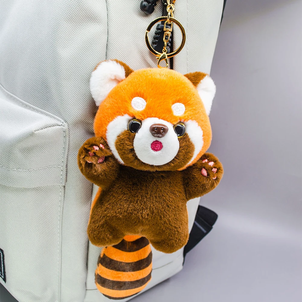 Lindo Panda Rojo de dibujos animados juguetes de peluche colgante pequeño muñeco de mapache llavero muñeca patio de juegos mapache mochila de peluche decoración regalos niños