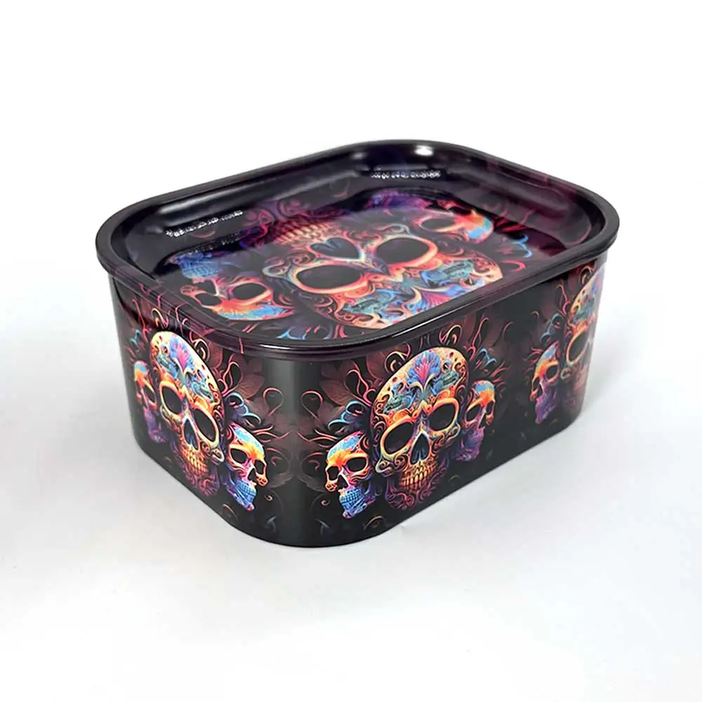 Large Capacity Metal Tobacco Herbal Herb Storage Case Box with Cover Skull Pattern Print Random Send