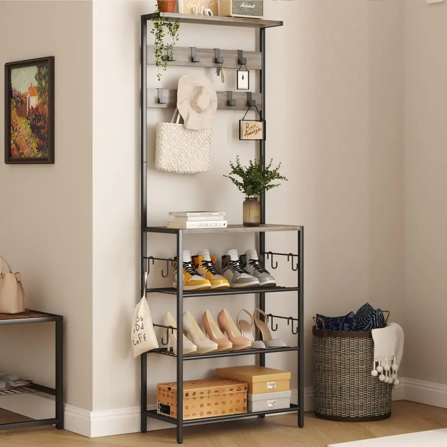 

Coat Rack with Shoe Storage, 5Tier Shoe and Coat Rack with 9 Clothes Hooks, Freestanding Hall Tree Organizer for Entryway, Bedro