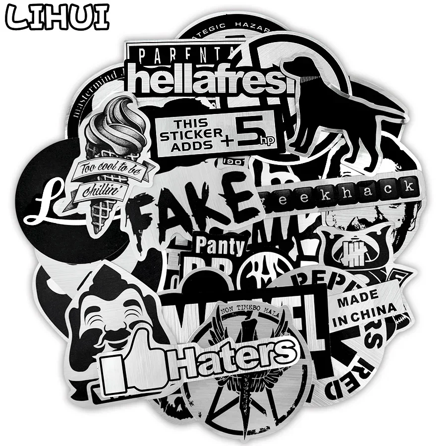 

50 PCS Metallic Stickers for Laptop Suitcase Skateboard Guitar Waterproof Black and White Stickers for Kids Brand Punk JDM Decal