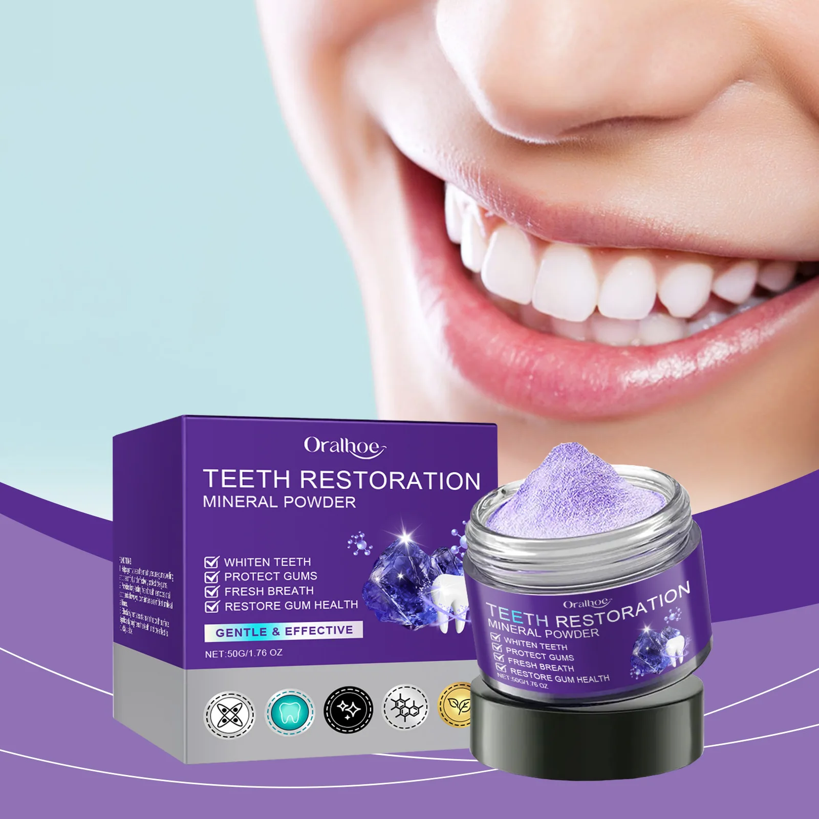

Purple Brightening Powder Remove Plaque Stains Whitening Teeth Gums Repair Mineral Protect Enamel Toothpaste Mineral Powder Gift
