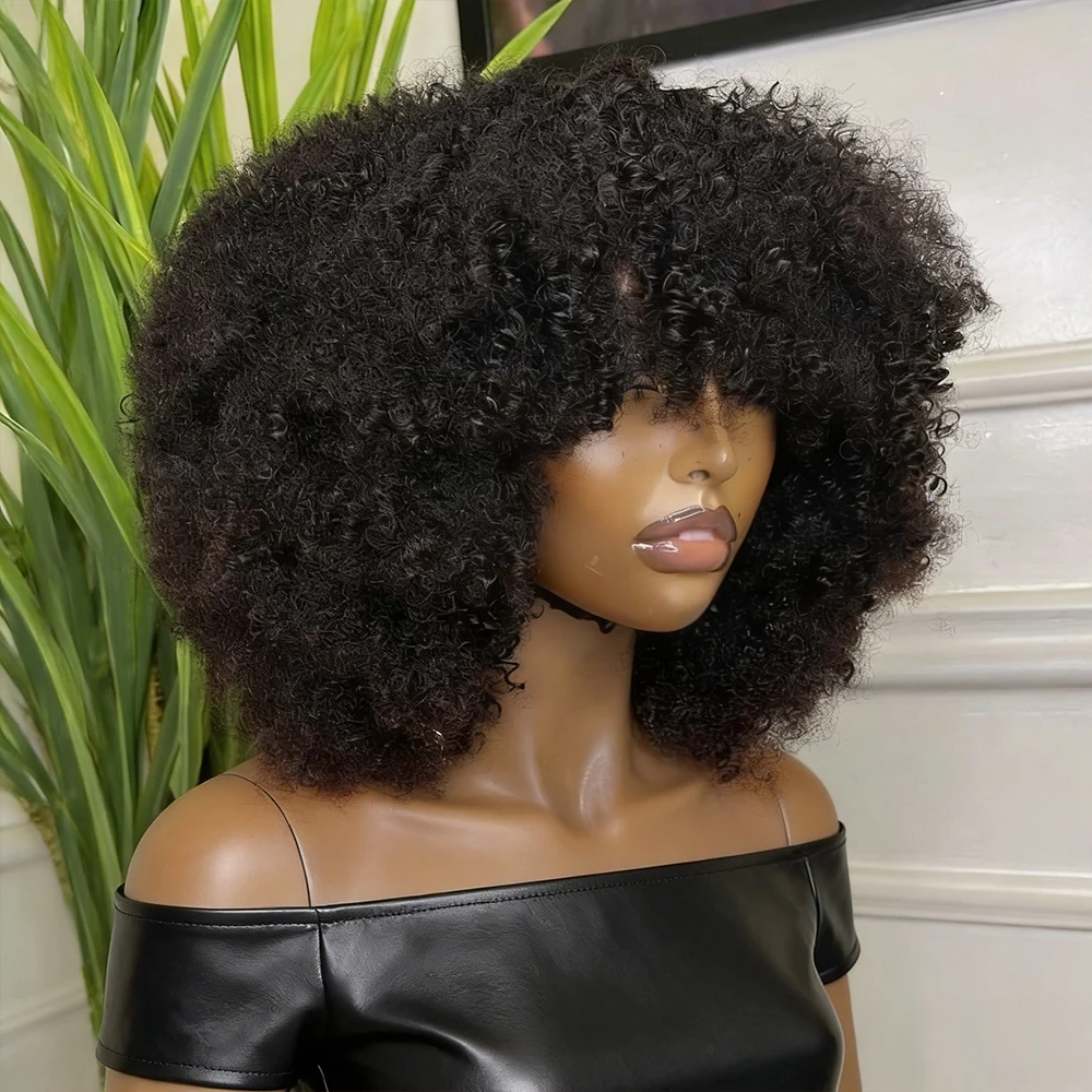 Afro-Lockenperücken aus Echthaar mit Pony, 350er High-Density-Kurzhaar-Bob-Perücken aus Echthaar, vollständig maschinell gefertigte Perücken mit Kopfhaut-Imitat für Damen