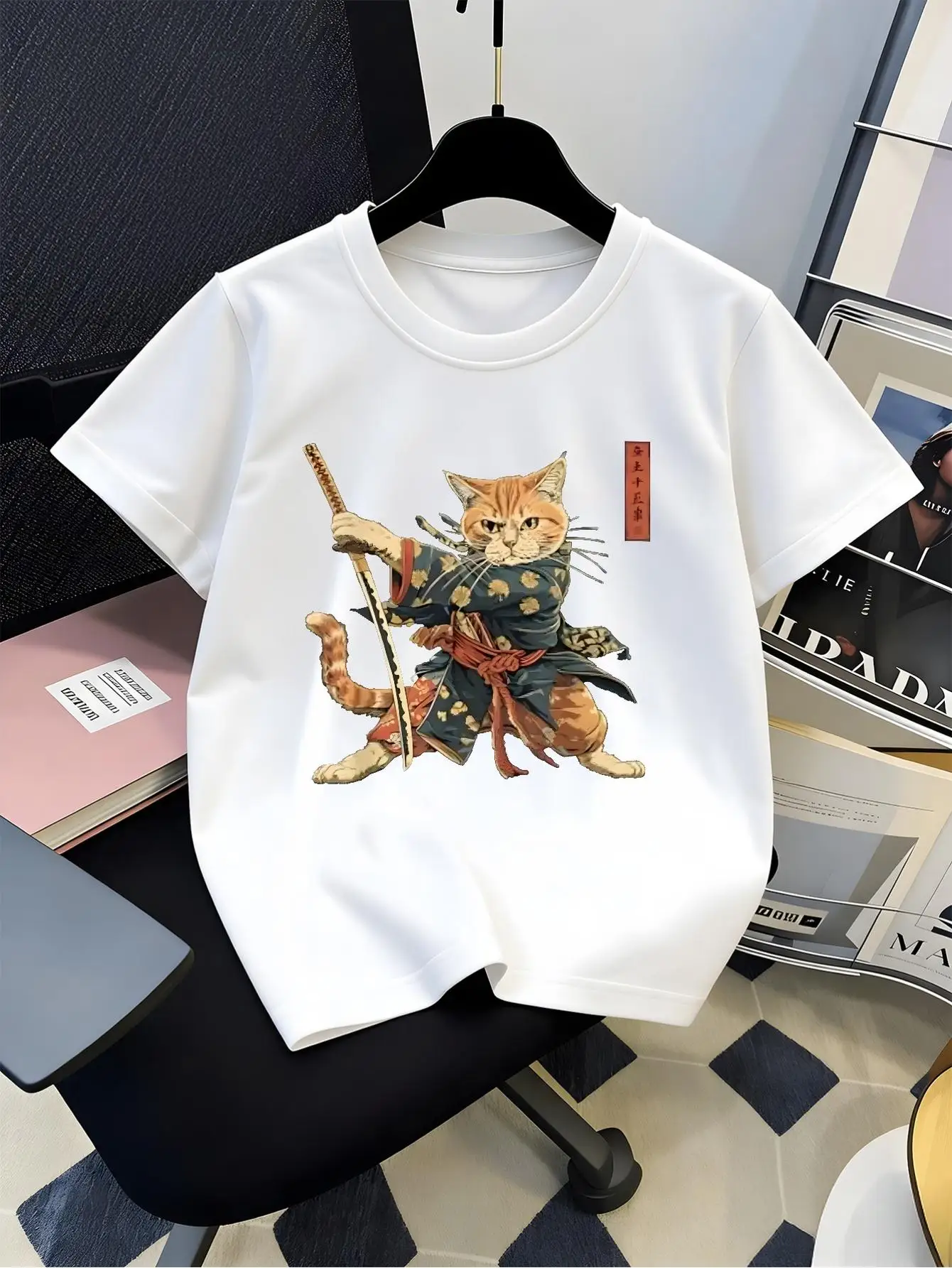 Kids Cool Samurai Cat Japanese Style Graphic Tee Boys Girls Family Matching Short Sleeve Warrior Animal Casual Everyday T Shirt