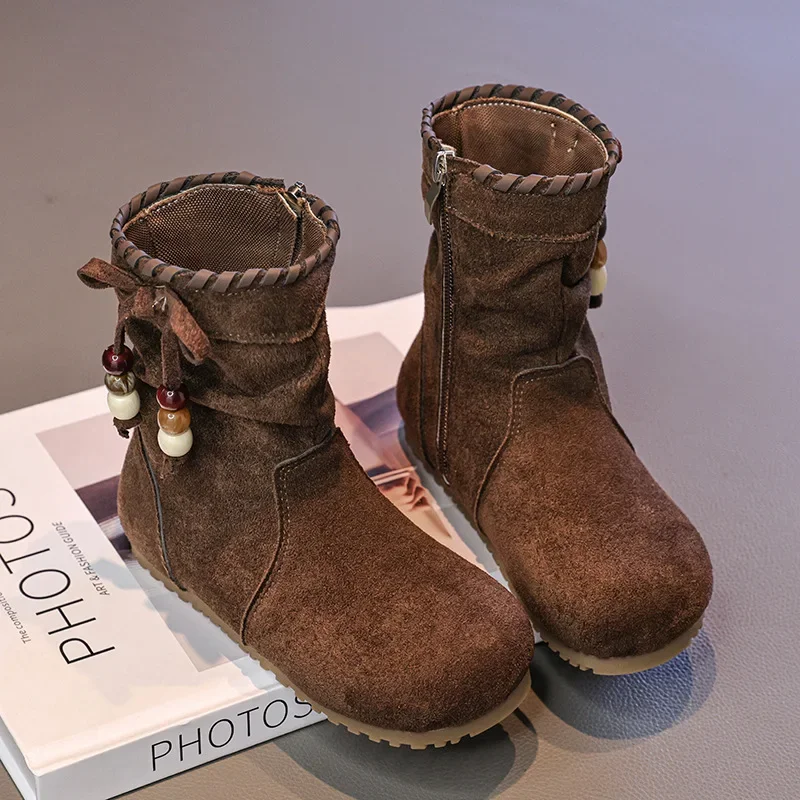 

Повседневные кожаные полусапожки в стиле ретро для девочек, осень 2023, новые удобные детские ботинки с мягкой подошвой, теплая нескользящая детская обувь