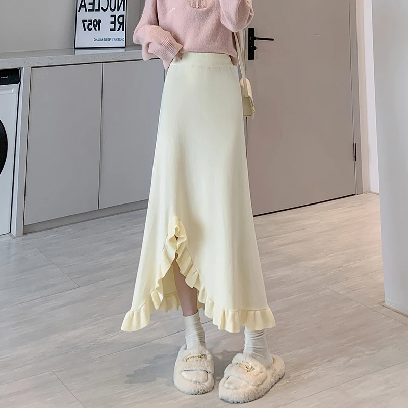 2024 New Autumn Winter Women High Waist Slim Long Skirt High Quality Sweet Irregular Edible Tree Fungus Hem Knitted Skirt