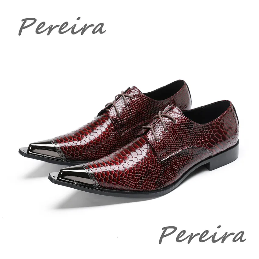 

Wine Red Snake Patterned Men's Oxfords Luxury Genuine Leather Iron Pointed Toe Lace Up Derby Shoes Banquet Party Dress Shoes