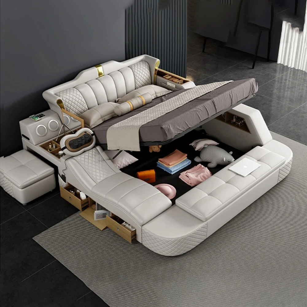 #Luxury Multifunctional King Size Bed with Ottoman – Modern Tech Smart Genuine Leather Bed with Massage, Bluetooth Speakers & US