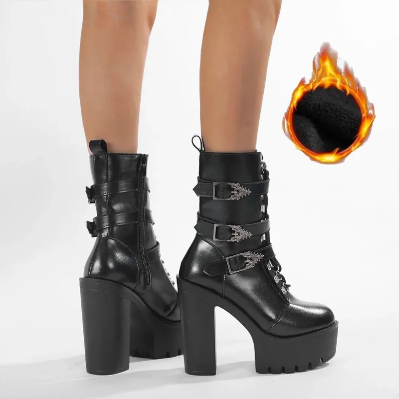 

Punk Goth Women Motorcycle Boots Block High Heels Platform Shoes Woman Fashion Buckle Design Cool Street Winter Boots