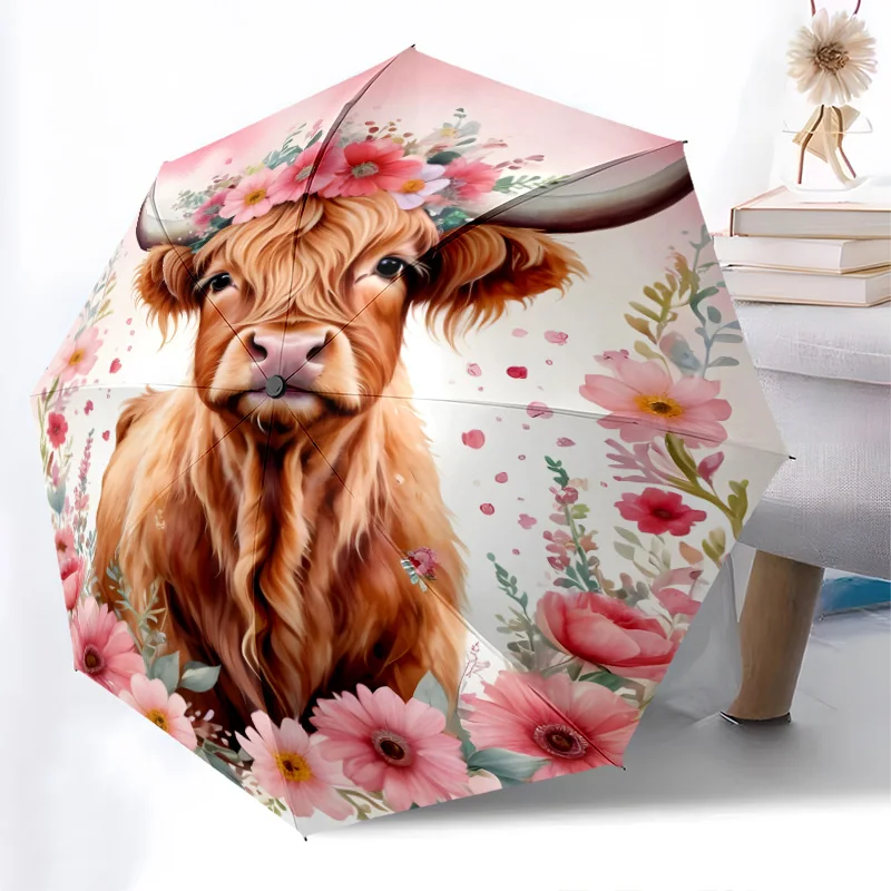 

west highland cattle folding Umbrella Fashionable Auto-Open Design 8 Iron Ribs Plastic Handle Foldable Sunshade Perfect Gifts