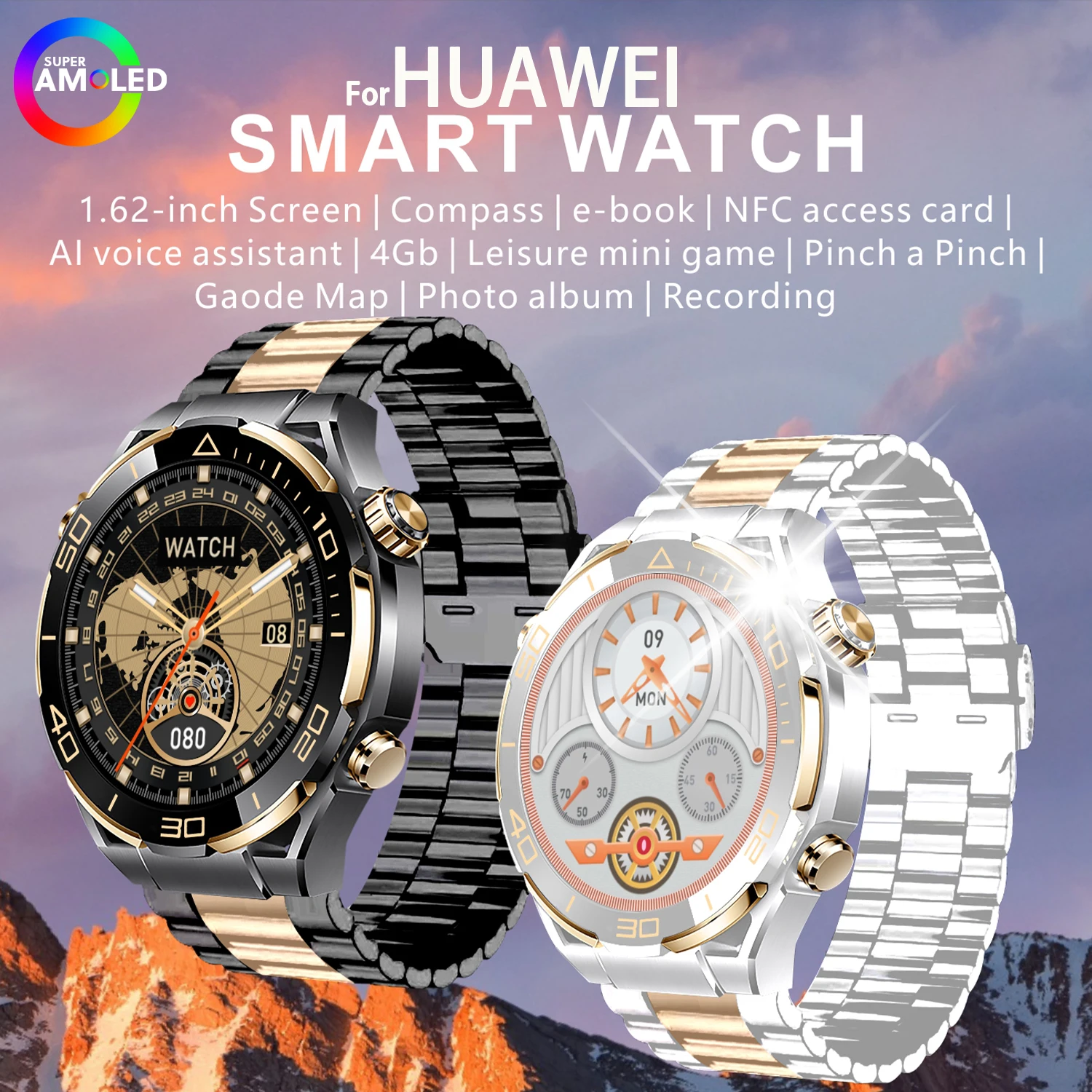 NEW Smart Watch NFC 4GB ROM Photo Album Gesture Control NFC Compass Heart Rate For Huawei Watches Ultimate Smartwatch MenNFC GPS