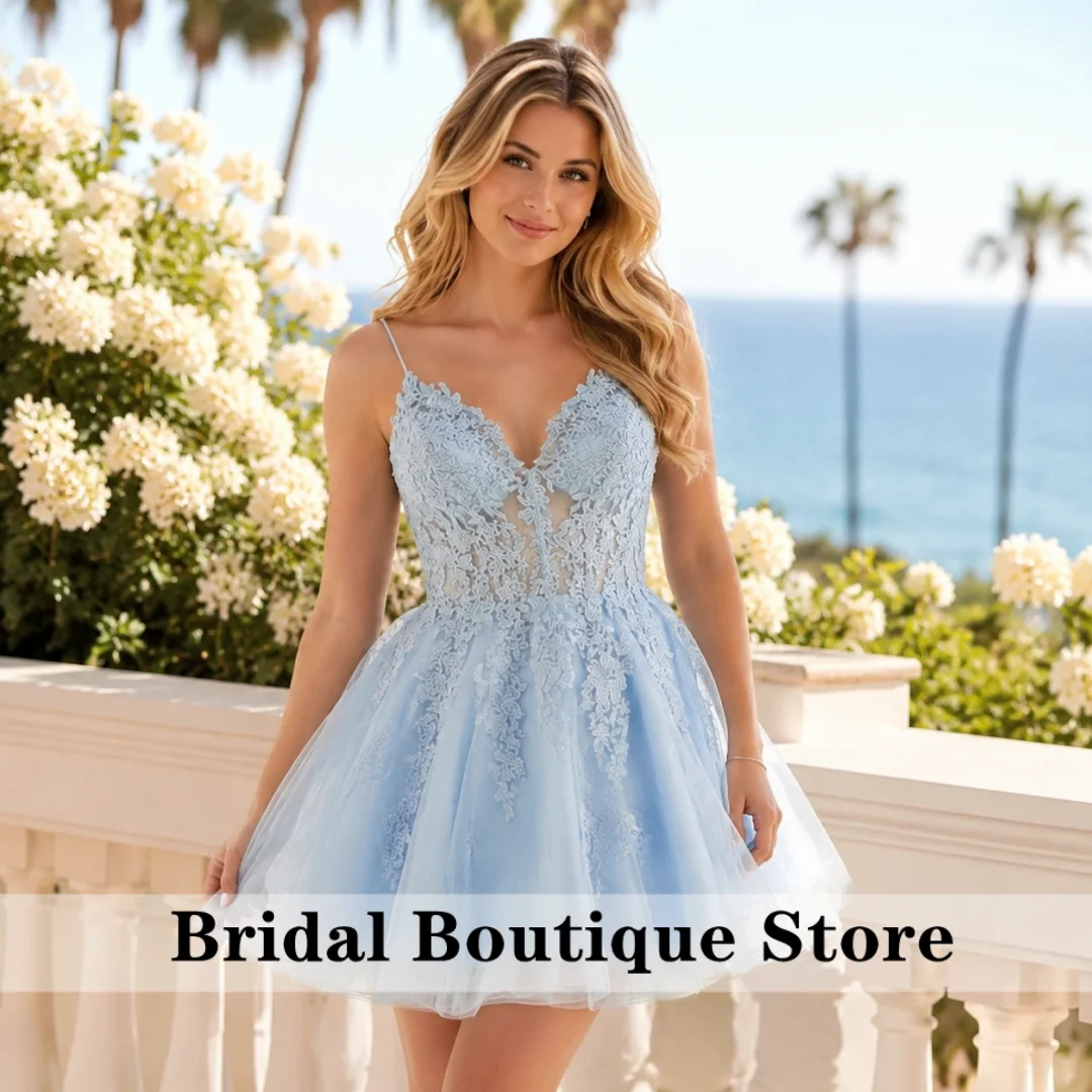 

Sexy Sky Blue Spaghetti Straps Short A-line Prom Dress for Women Cocktail Gowns Senior Homecoming Gown Customzied