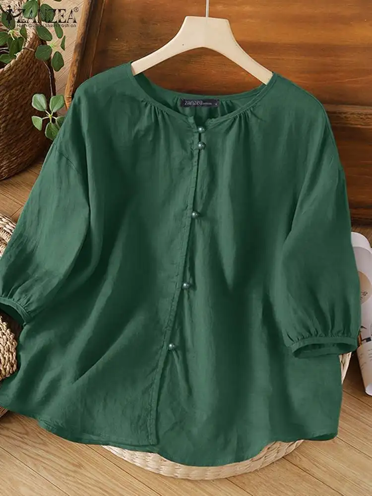 ZANZEA 2024 Autumn Blouse Women Vintage 3/4 Sleeve Casual Cotton Tops Loose Buttons Down Solid Shirt Fashion Work Blusas Chemise