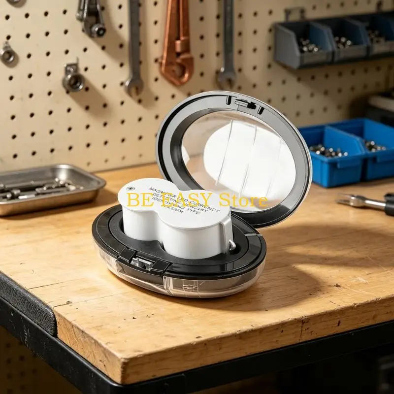 E28F Jewelry Inspection Loupe with 40X Magnification, Hinged Cover, and Two Viewing Positions for Detailed Examination