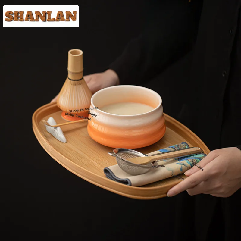 HOYIHM Threaded Matcha Bowl Tea Rickets Tea Ceremony Gradient Ceramic Green Tea Powder Whisk  Tea Accessories Tea Brush Holder