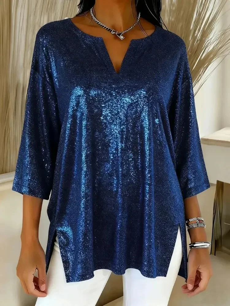 

Sexy V Neck Seven Quarter Sleeve Silk Top Casual Solid Color Side Split Pullover Bright Spring Summer Women Tshirt