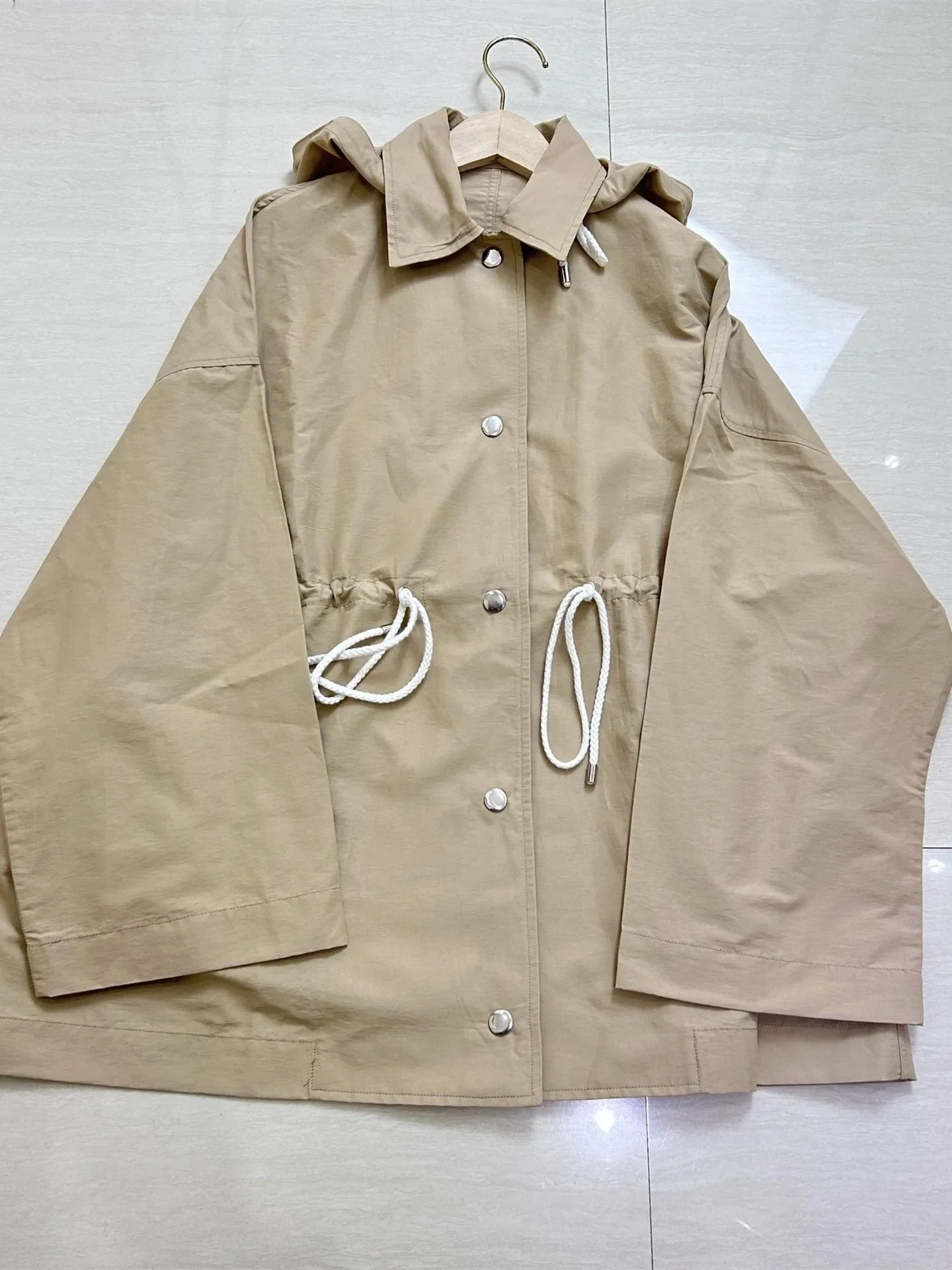 Hooded Trench 2023 New Waist Drawstring Single Breasted Simple Loose Casual Long Sleeve Windbreaker