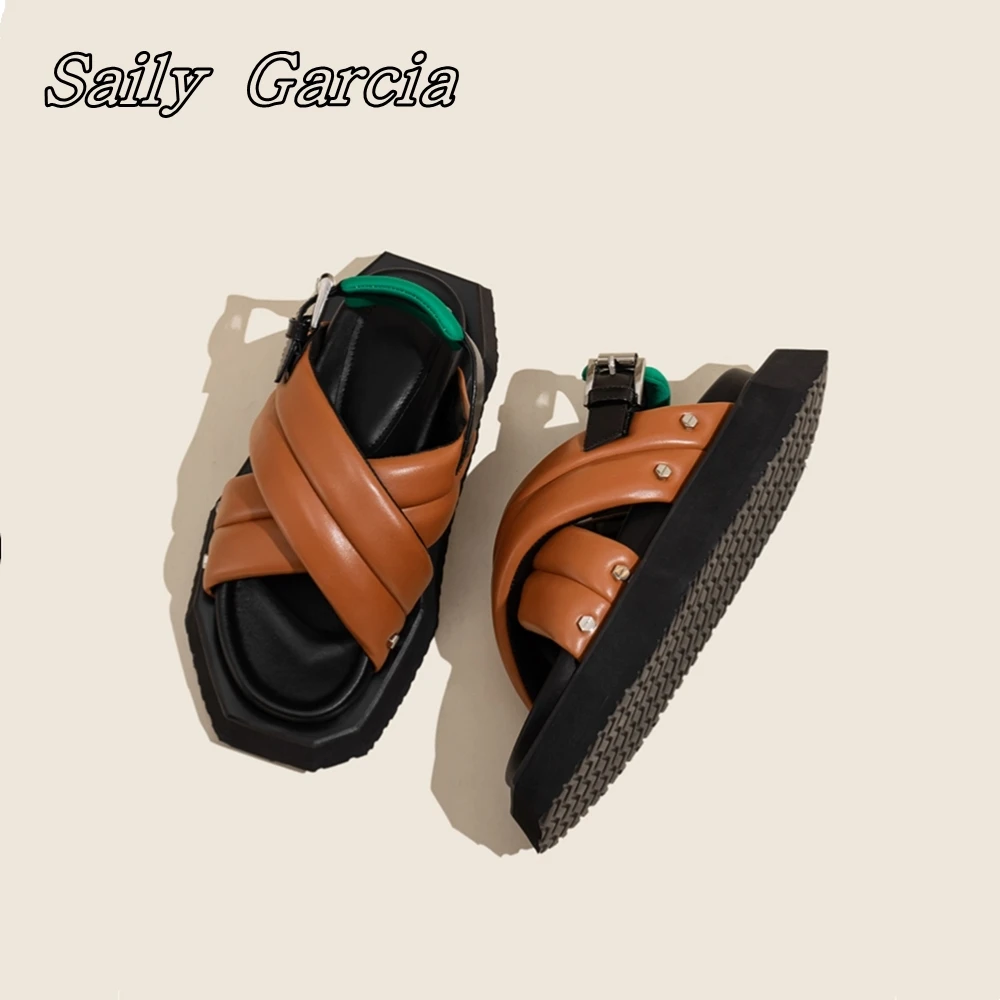 Genuine Leather Cross Belt Buckle Strap Flat Sandals Summer New Style Fashion Women Shoes Mixed Color Platform Hollow Shoes