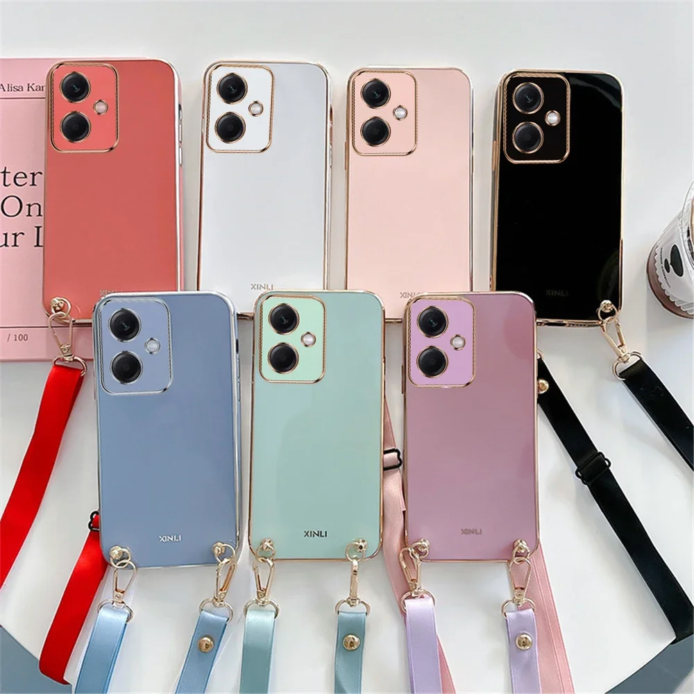 Crossbody Lanyard Luxury Plating Case For Redmi 10C 10A 12C A1 Plus Redmi Note 12 11 10 9 Pro 11S 10S Strap Cord Silicon Cover