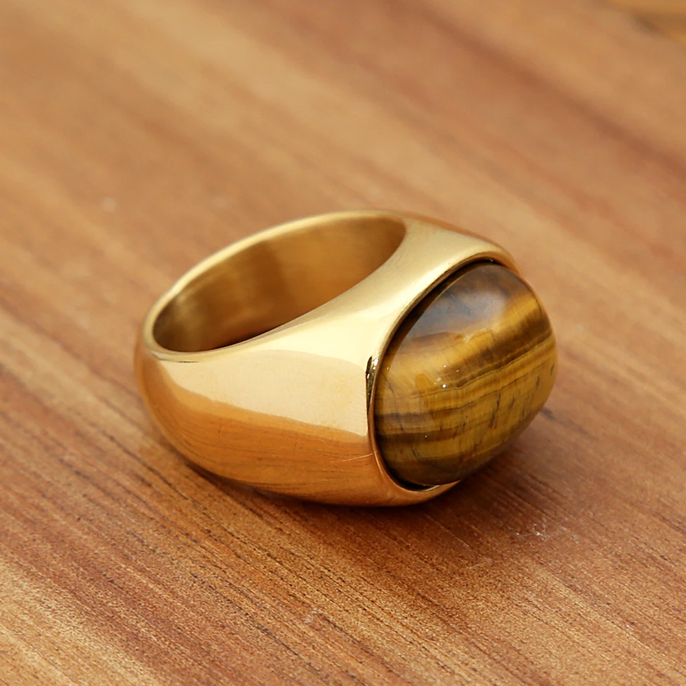 Fashion Punk Golden Color Tiger Eye Brown Stones Rings For Men Women Classic Simple Stainless Steel Stone Ring Party Jewelry view 2
